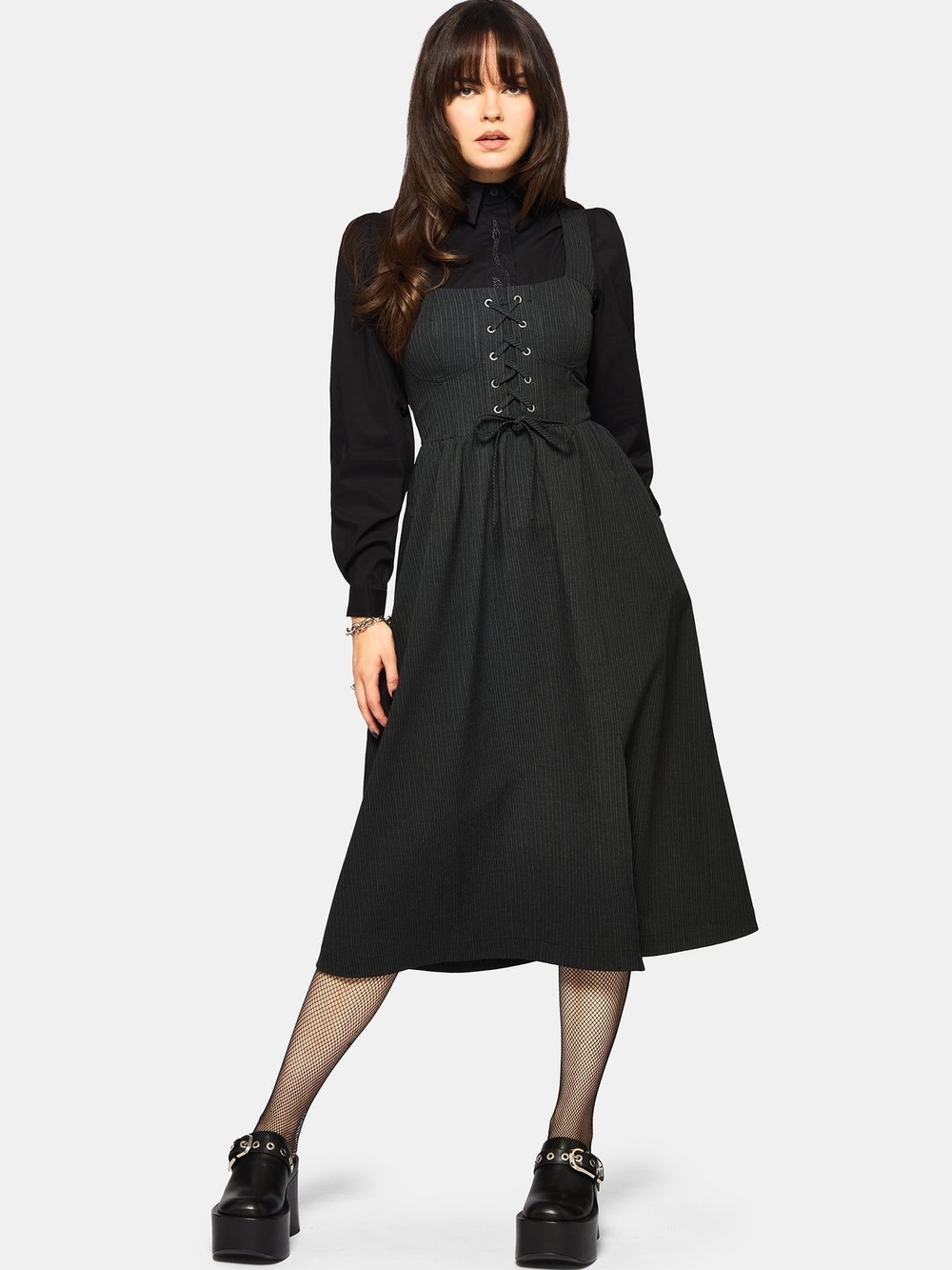 Gloom Lace Up Front Corset Detail Pinstripe Midi Dress
